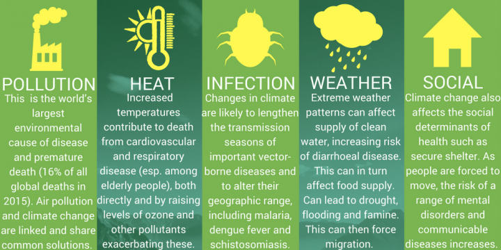 Climate has proven effects on health, from pollution, heat, infection, weather and the social determinants of health.